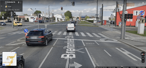 Der Radweg bei der Kreuzung Breitenleer Straße x Zwerchäckerweg in der Donaustadt. (c) Google Maps | Screenshot: 1000things