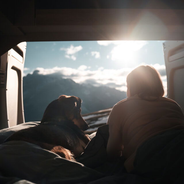 (c) frameduo | 1000things Creator Community Blick aus dem Camper mit Hund und Frau
