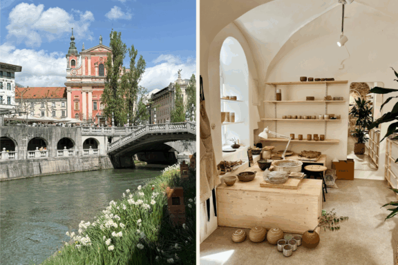 Links: Blick auf die Innenstadt von Ljubljana vom Fluss aus, rechts: das Keramikstudio Inhand