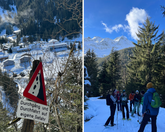 Collage Hohe Tauern Nationalpark, links Schild "Durchgang und Durchfahrt auf eigene Gefahr", rechts Bild einer Gruppe beim Schneescuhwandern