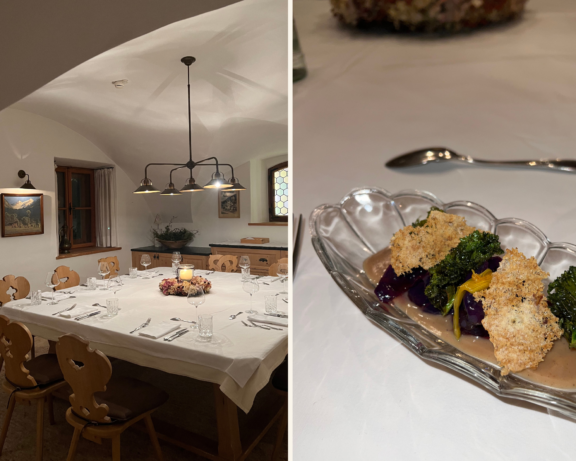 Collage Weyerhof, links Gastraum, rechts Bild einer vegetarischen Vorspeise