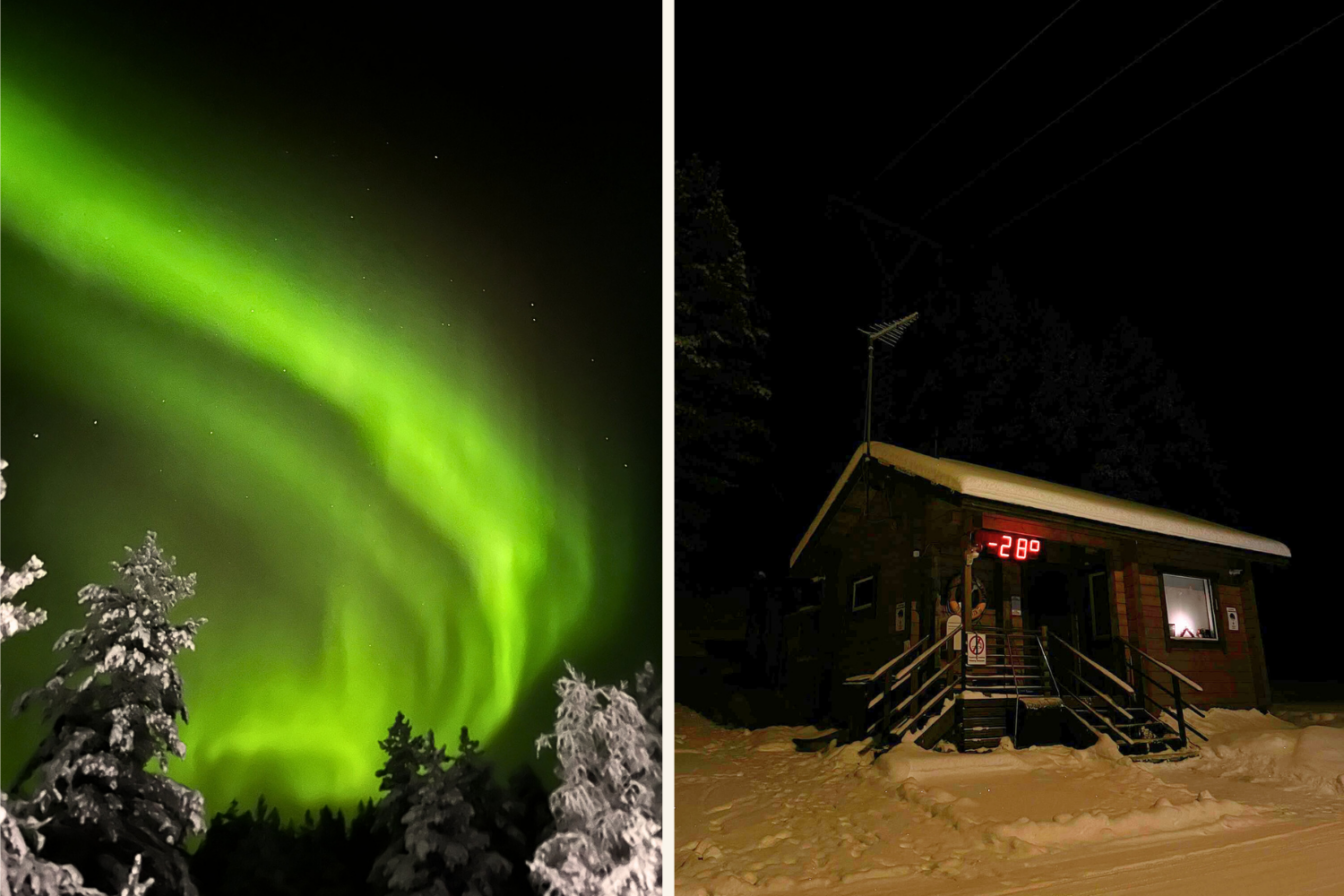 Links: Leuchtend grüne Nordlichter breiten sich in intensiven Bögen am Nachthimmel über schneebedeckten Bäumen aus.
Rechts: Eine kleine Holzhütte in tiefschwarzer Nacht mit einem Thermometer, das -28 Grad Celsius anzeigt; die Kälte ist greifbar in der verschneiten Umgebung.