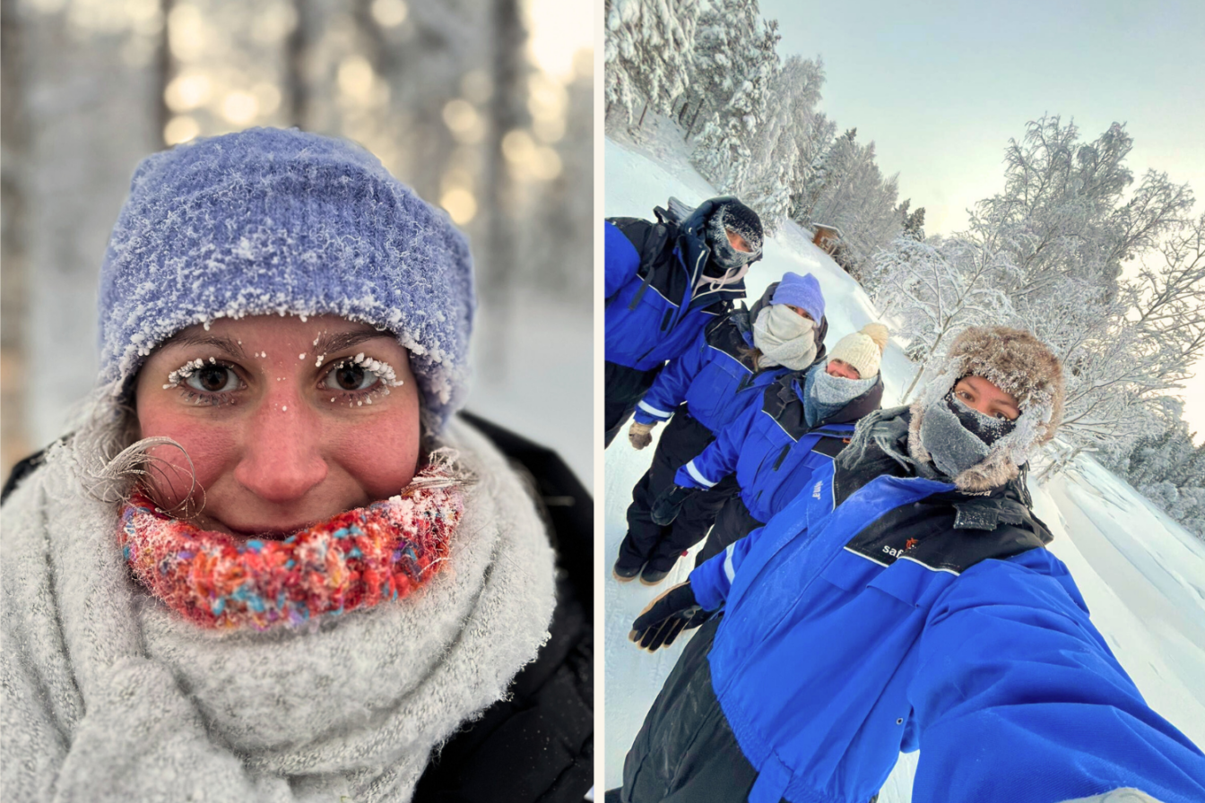 Links: Nahaufnahme eines Gesichts mit frostbedeckten Wimpern und Augenbrauen, dick eingepackt in Schal und Mütze, das freundlich in die Kamera blickt. Rechts: Eine Gruppe von vier Personen in dicken blauen Winteranzügen posiert für ein Selfie in einer verschneiten Landschaft, die Gesichter gegen die Kälte vermummt.