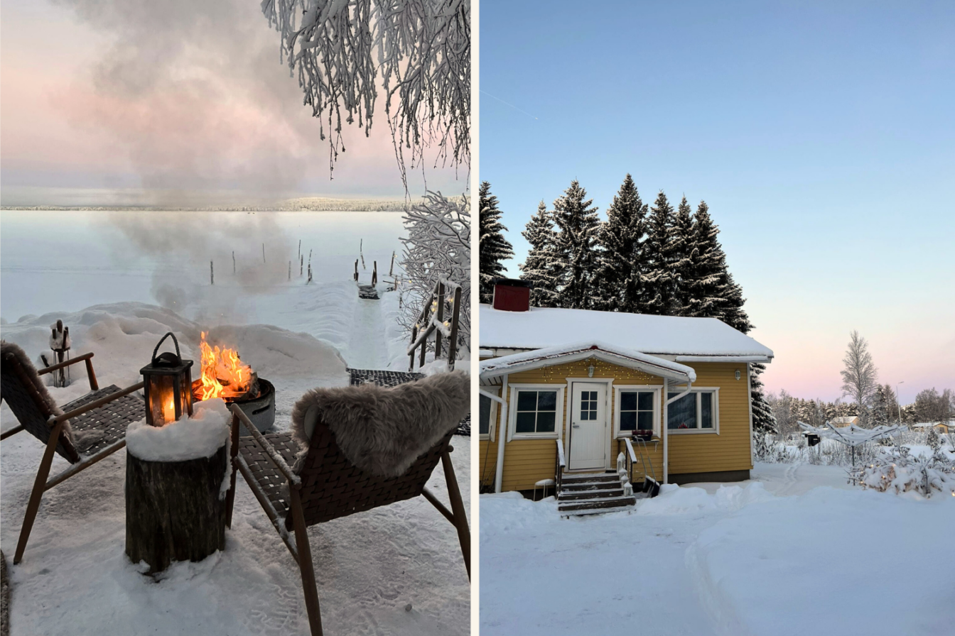 Links: Zwei Stühle mit Pelzbezügen stehen vor einem offenen Feuer und einer Laterne an einem Seeufer, umgeben von schneebedeckten Bäumen und einem sanften Abendhimmel im Hintergrund. Rechts: Eine gelbe, schneebedeckte Hütte steht vor einem ruhigen Winterhimmel, umgeben von Nadelbäumen und einer friedlichen Schneelandschaft.