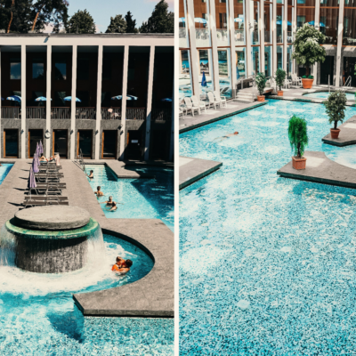 Collage zweier Ansichten der SaarowTherme in Bad Saarow, Brandenburg. Links ist ein rechteckiger Pool mit einem zentralen Wasserfall zu sehen, umgeben von Liegestühlen und Sonnenschirmen, wo einige Gäste das Wasser genießen. Die Architektur im Hintergrund wirkt modern und klar strukturiert. Rechts sind zusätzliche Poolbereiche der Therme dargestellt, inklusive runder Whirlpools und kleinen Pflanzeninseln, die dem Ambiente einen Hauch von Natur verleihen. Die blau schimmernden Mosaikfliesen im Wasser erzeugen eine einladende, frische Atmosphäre und spiegeln das Sonnenlicht wider, was die entspannende Umgebung der SaarowTherme betont