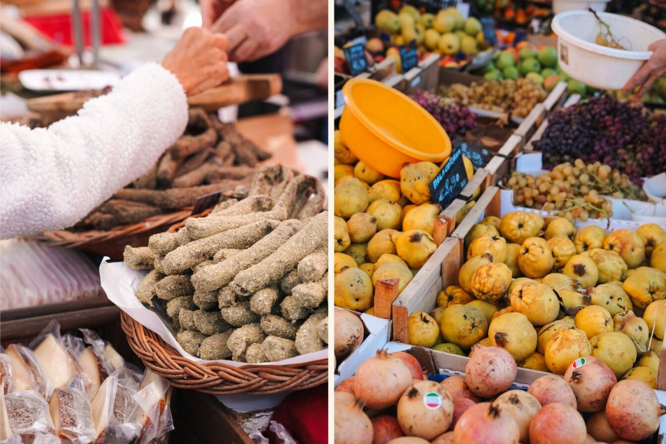 Frisches Obst und Kaminwurzen am Freitagsmarkt in Meran