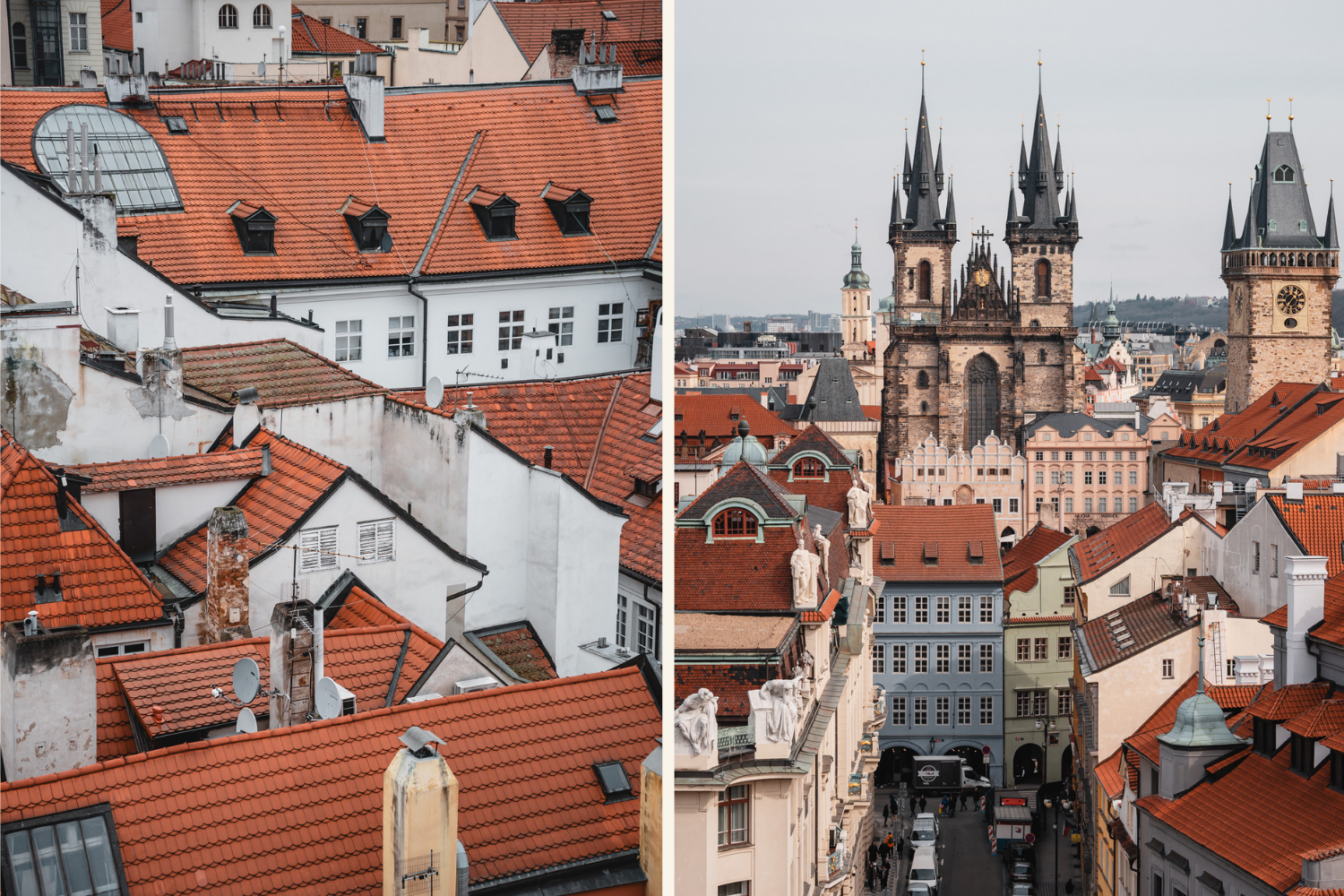 Die Dächer Prags und die Teynkirche.